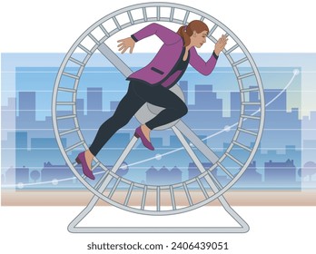 business woman running on hamster wheel with line graph and city in the background