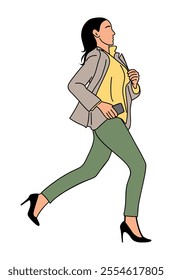 Business woman running side view with mobile phone. Pretty girl in casual office clothes in hurry to success. Vector flat illustration isolated on white background