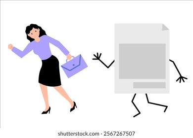 Business woman runs away from a document, work. Vector simple color flat illustration.