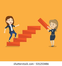 Business woman runs up the career ladder while another woman builds this ladder. Businesswoman climbing the career ladder. Concept of business career. Vector flat design illustration. Square layout.