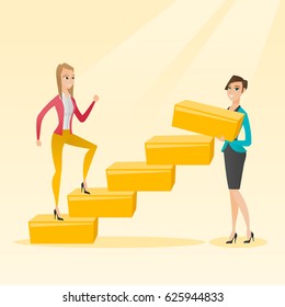 Business woman runs up the career ladder while another woman builds this ladder. Business woman climbing the career ladder. Concept of business career. Vector flat design illustration. Square layout.