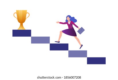 Business woman runs towards her goal along the column of columns, moving upward in motivation, the path to achieving the goal and rewards. Vector illustration