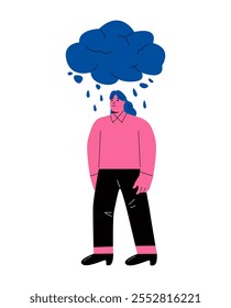 Mujer de negocios con expresión de cara triste y nube de lluvia sobre su cabeza. Concepto de problemas. Ilustración vectorial plana aislada sobre fondo blanco
