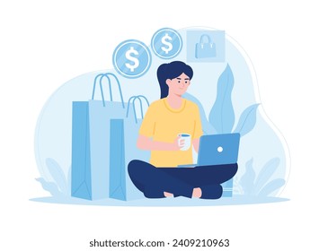 business woman with sales profits in online shop trending concept flat illustration