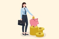 Business Woman Saves Coins. Keeps Money In An Account, Bank Deposit. Deposits, Economy, Investment, Bank, Pile Of Coins, Concept, Vector Illustration