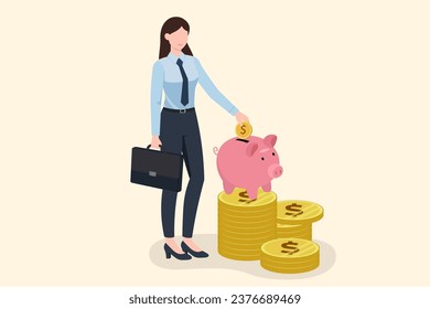 Business woman saves coins. Keeps money in an account, bank deposit. Deposits, economy, investment, bank, pile of coins, Concept, Vector illustration