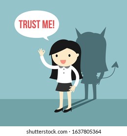 Business woman says 'Trust me!', but she is an untrustable person. Vector illustration.
