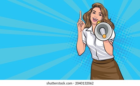 Business woman screaming with  megaphone In Retro Vintage Pop Art Comic Style