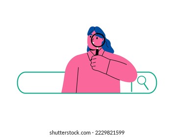 Mujer de negocios en la barra de búsqueda mirando a través de la lupa. Concepto de búsqueda. Ilustración vectorial plana aislada en fondo blanco
