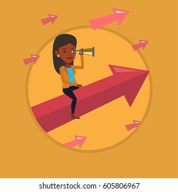 Business woman searching for opportunities. Woman using spyglass for searching of opportunities. Business opportunities concept. Vector flat design illustration in the circle isolated on background.