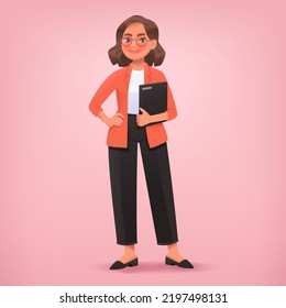 Business woman or secretary. Businesswoman stands in full growth holding a folder in her hands. Vector illustration in cartoon style