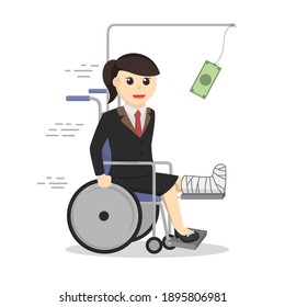 business woman secretary chasing money by wheelchair design character on white background