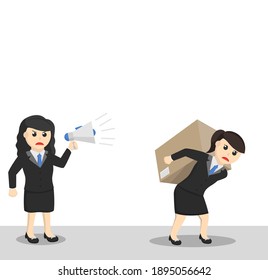 business woman secretary forced to work hard design character on white background