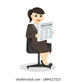 business woman secretary reading newspaper in chair design character on white background