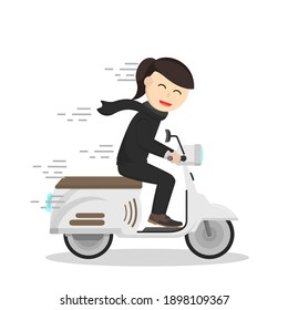 business woman secretary riding a scooter drag design character on white background