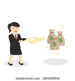 business woman secretary take a money with magic design character on white background