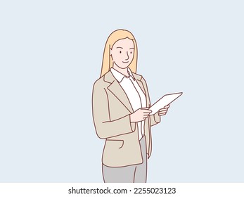 business woman secretary take note in business journal book simple korean style illustration