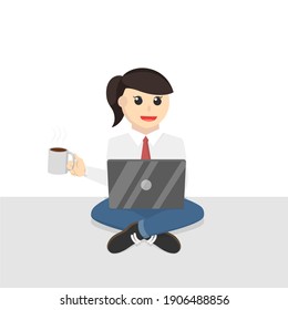 business woman secretary work by laptop with coffe design character on white background