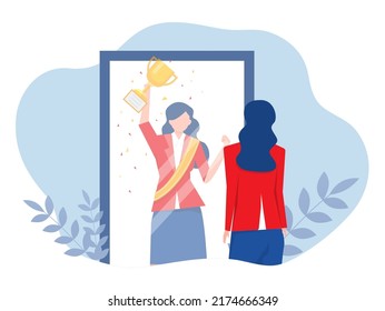 Business Woman see reflection from mirror she get award and victory from win work herself successful. vector concept