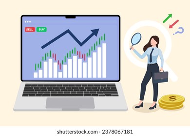 Business woman sell stock by labtop ,Search for business opportunities, Stocks market graph chart on tablet screen, Trading candlestick chart on electronic devices, Global stock exchanges index, Forex