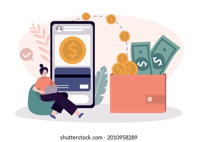 Business woman send and receive money. Sitting girl withdraw cash. Application for transactions on smartphone screen. Wallet with cash. Concept of online transfer and banking. Flat vector illustration