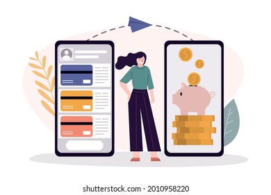 Business Woman Send And Save Money. Money Transfer On Savings Card. Application For Transactions On Phone Screen. Payment Mobile App. Concept Of Online Transfer And Banking. Flat Vector Illustration