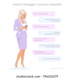 Business woman sends the instant messages by smartphone. Blonde lady dressed in the light purple suit stands near text bubbles of messenger app. Infographics about a business etiquette in the chats.