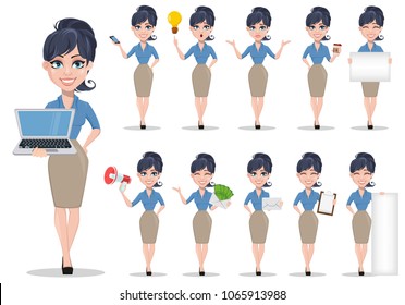 Business woman, set. Beautiful businesswoman in formal clothes standing straight. Cute cartoon character. Vector illustration.