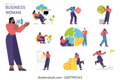 Business Woman set. A diverse collection of activities from leadership to financial growth. Career development, achievement, and problem-solving. Vector illustration.