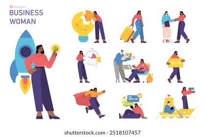 Mulher de negócios definida. Diversos cenários de uma mulher profissional em ambientes de trabalho. Liderança, inovação e networking. Ilustração vetorial.