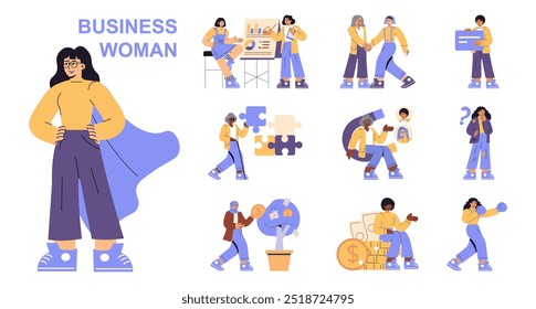 Conjunto de mujer de negocios. Diversas actividades de trabajo como reuniones, análisis y estrategia. Empoderamiento femenino moderno en el lugar de trabajo. Ilustración vectorial.