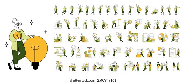 Business Woman set. Dynamic professional woman in various work activities and achievements. Networking, multitasking, innovation. Vector illustration.