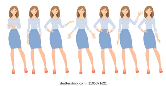 Business woman set. Set of female gestures and postures vector illustration.