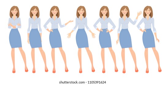 Business woman set. Set of female gestures and postures vector illustration.