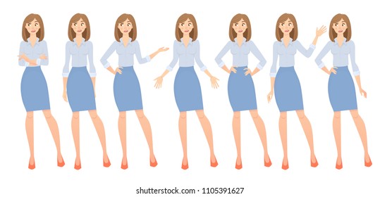 Business woman set. Set of female gestures and postures vector illustration.