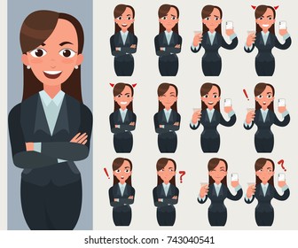 Business woman set. Office worker with different emotions and poses. Woman standing folded hand. Girl expressions set