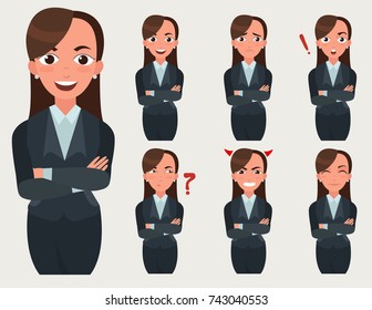 Business woman set. Office worker with different emotions. Woman standing folded hand. Girl expressions set
