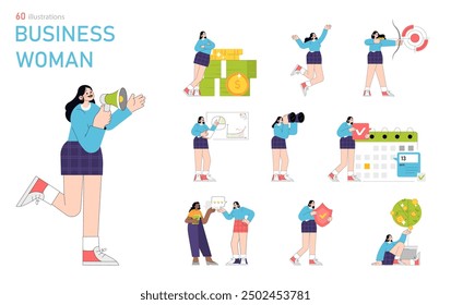 Business Woman set. Professional female in various work scenarios, leadership, and achievement. Goal setting, collaboration, financial success. Vector illustration.