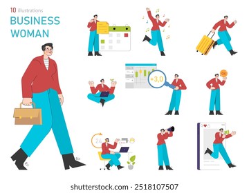 Business woman set. Professional female multitasking, managing time, and achieving goals. Career growth, productivity, and work-life balance themes. Vector illustration.