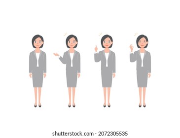 Business woman set with professional young female employee or teacher standing in different gestures and pose. Isolated on white background. Colorful vector illustration in flat style