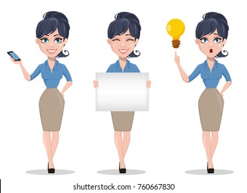 Business woman, set of three poses, holding smartphone, holding placard and having an idea. Beautiful businesswoman in formal clothes standing straight. Cute cartoon character. Vector illustration.