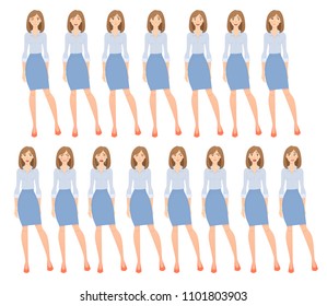 Business woman set. Set of woman's emotions vector illustration.