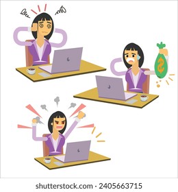 Business woman Set working at the computer Vector illustration in a flat style