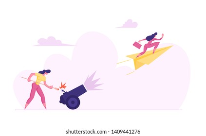 Business Woman is Setting on Fire the Cannon with Businesswoman flying on Paper Plane. Goal Achievement, Leadership Concept. Vector flat illustration