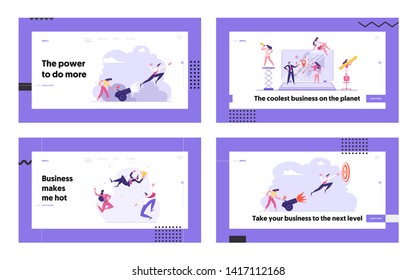 Business Woman is Setting on Fire the Cannon with Businessman Flying Up Landing Page. Career Growth, Goal Achievement, Leadership, Global Business Solution Concept Banner. Vector flat illustration