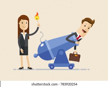 Business Woman Is Setting On Fire The Cannon To Fly Businessman Out Of It For Making A First Jerk Of His Business.