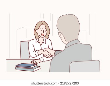 business woman shaking hands with businessman in her office during meeting. Hand drawn style vector design illustrations.