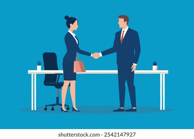 
Business woman shaking hands in the office isolated flat vector illustration.