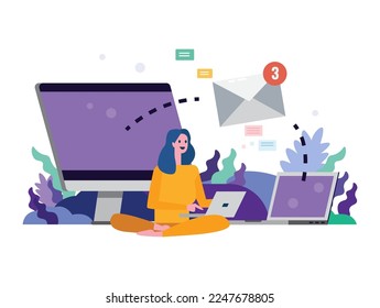 Business woman sharing email from laptop to other device. Business communication concept. Flat illustration vector design