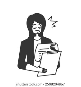business woman shocked after see file document report at clipboard in doodle hand drawn style